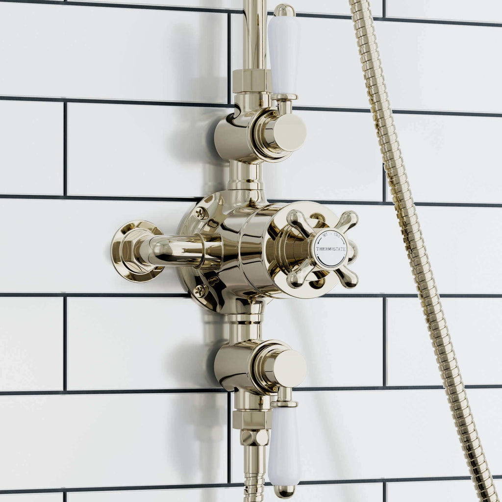 Downton Exposed Traditional Thermostatic Shower Set 2 Outlet, Incl. Triple Shower Valve, Rigid Riser Rail, 200mm Shower Head & Ceramic Handset - Gold
