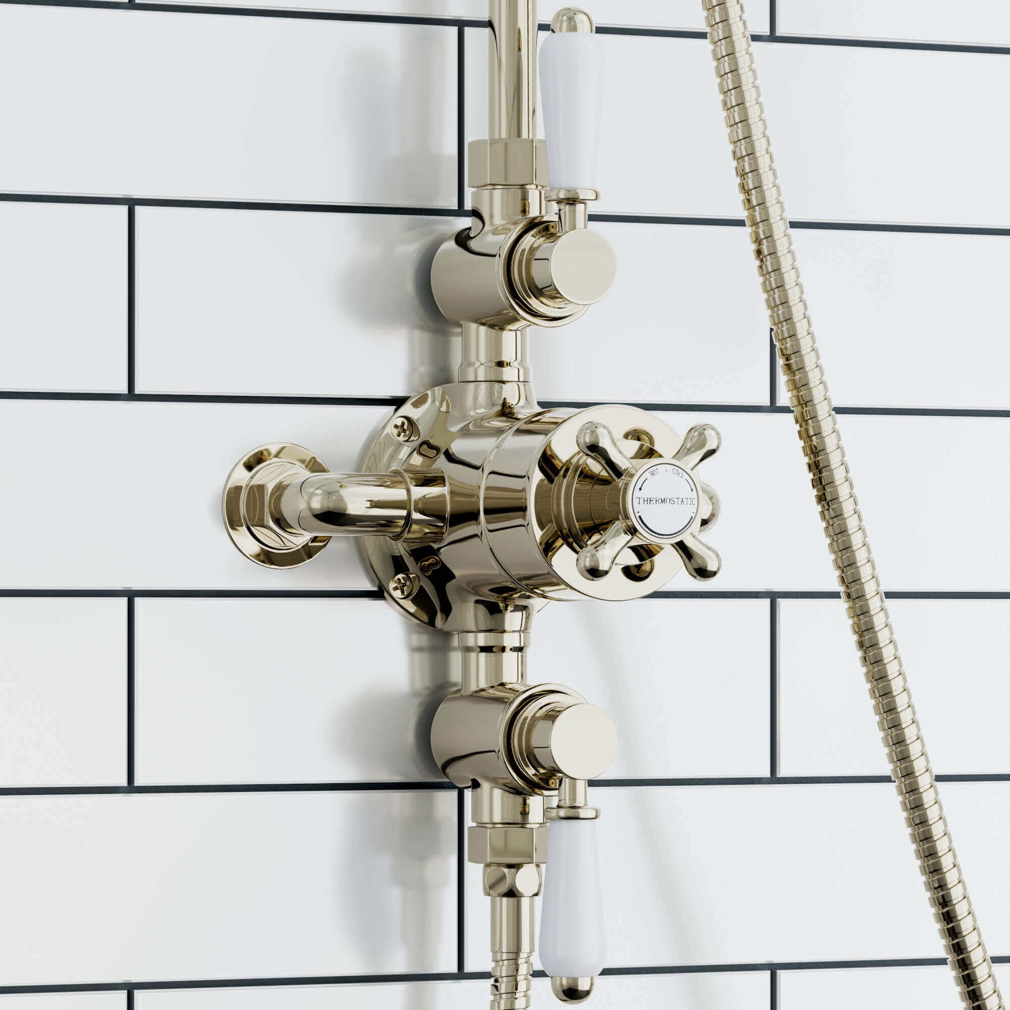 Downton Exposed Traditional Thermostatic Shower Set 2 Outlet, Incl. Triple Shower Valve, Rigid Riser Rail, 200mm Shower Head & Ceramic Handset - Gold