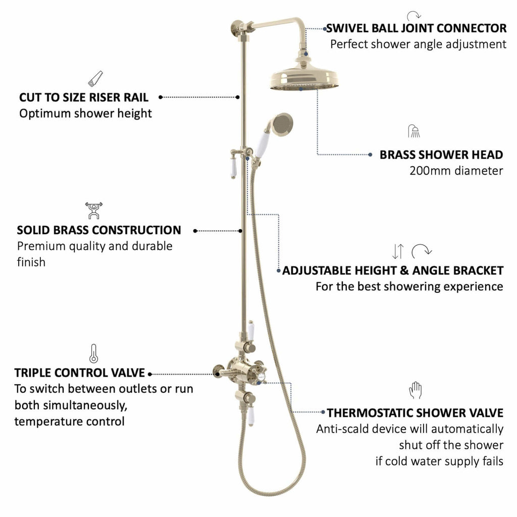 Downton Exposed Traditional Thermostatic Shower Set 2 Outlet, Incl. Triple Shower Valve, Rigid Riser Rail, 200mm Shower Head & Ceramic Handset - Gold