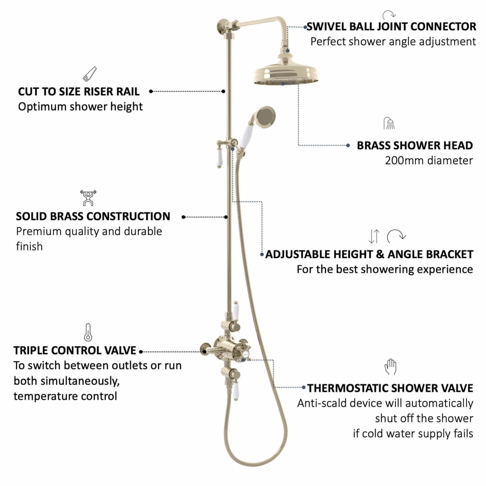 Downton Exposed Traditional Thermostatic Shower Set 2 Outlet, Incl. Triple Shower Valve, Rigid Riser Rail, 200mm Shower Head & Ceramic Handset - Gold