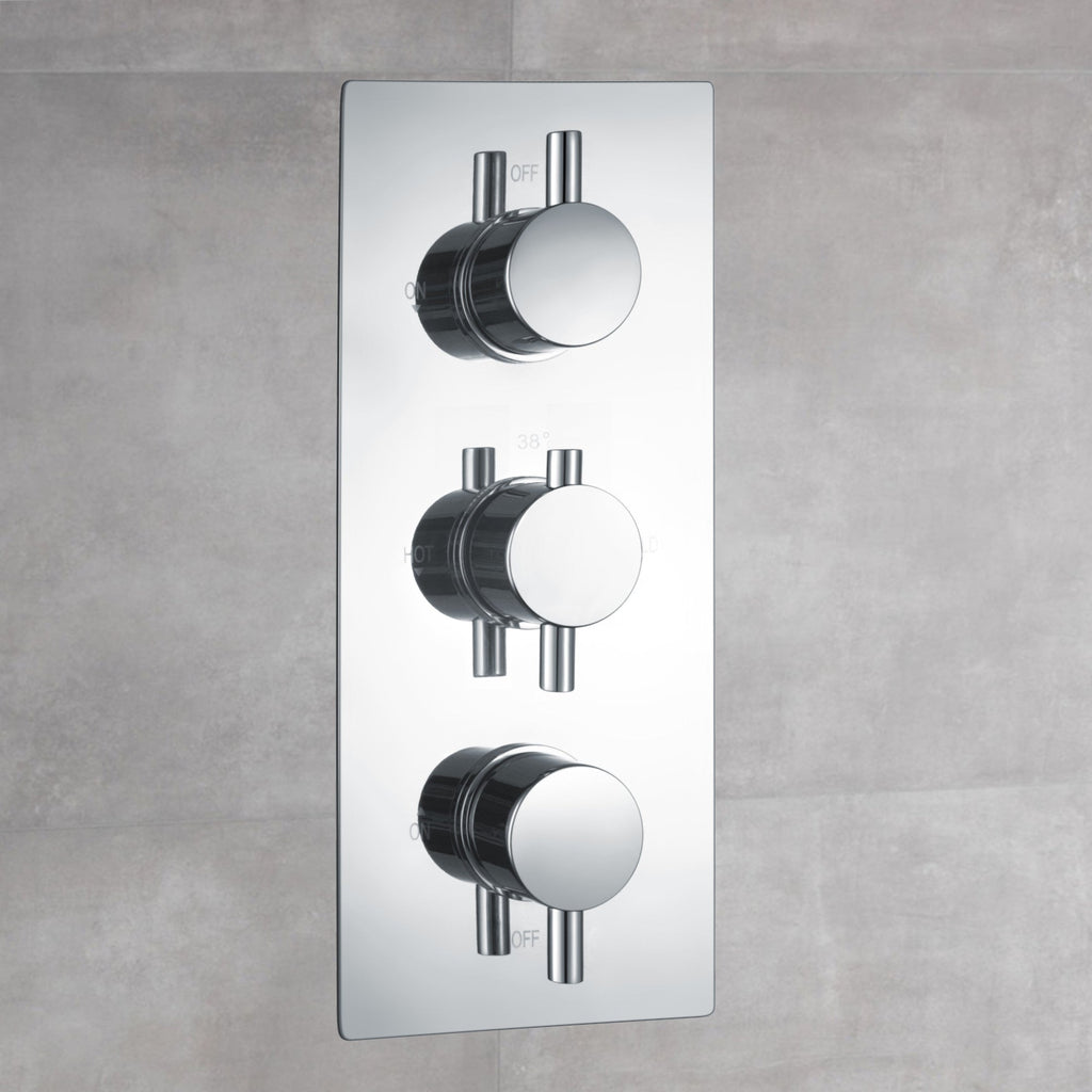 Naples Contemporary Round Concealed Thermostatic Shower Set Incl. Triple Diverter Valve, Wall Fixed 8" Shower Head, Handshower Kit, Bath Filler Waste with Overflow - Chrome (3 Outlet)