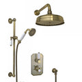 Regent Traditional Crosshead And White Lever Concealed Thermostatic Shower Set Incl. Twin Valve, Wall Fixed 8" Shower Head, Slider Rail Kit - Antique Brass (2 Outlet)