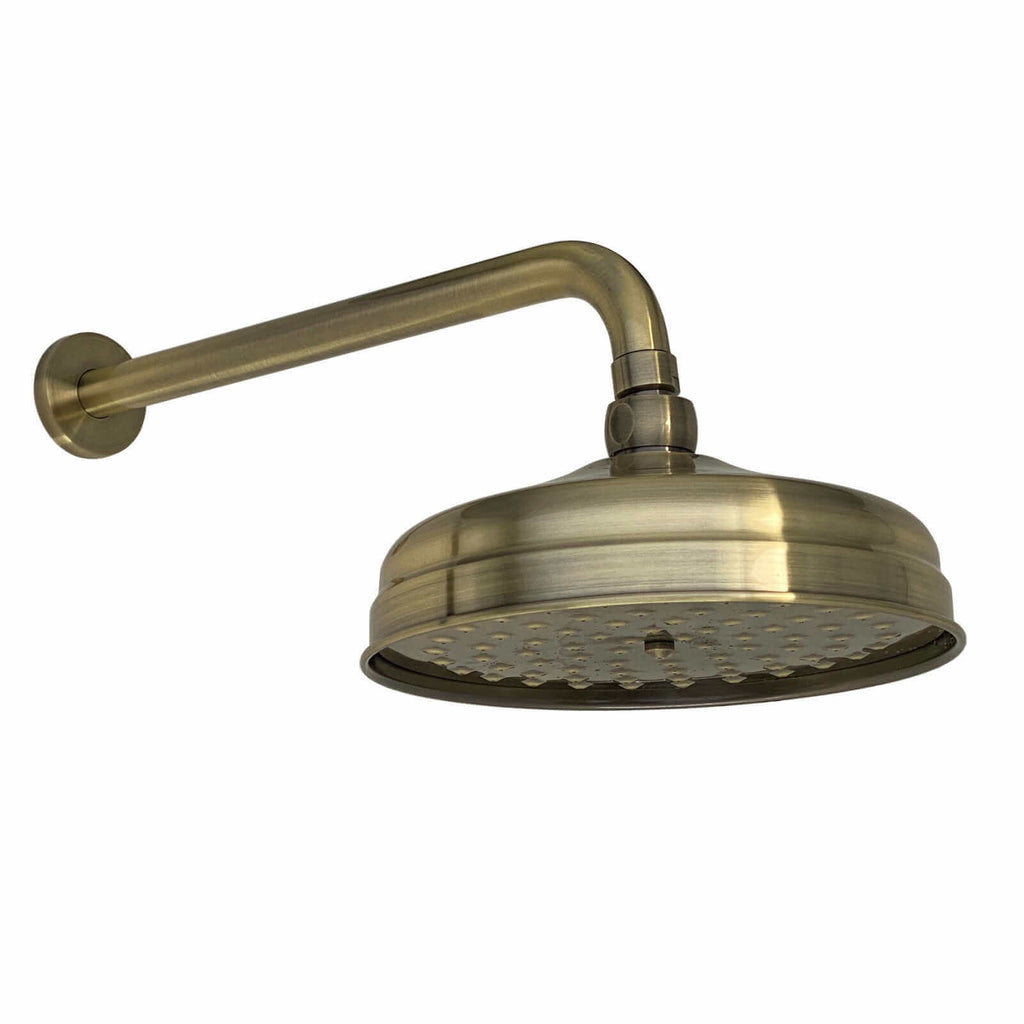 Regent Traditional Crosshead And White Lever Concealed Thermostatic Shower Set Incl. Twin Valve, Wall Fixed 8" Shower Head, Slider Rail Kit - Antique Brass (2 Outlet)