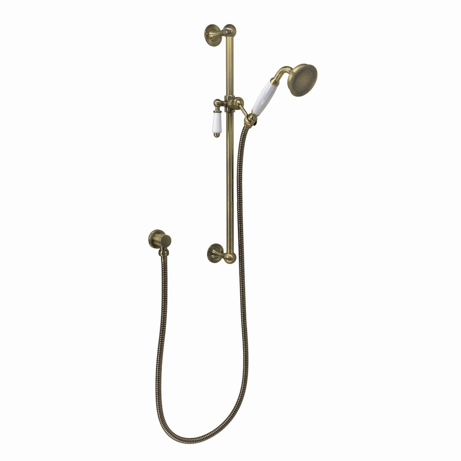 Regent Traditional Crosshead And White Lever Concealed Thermostatic Shower Set Incl. Twin Valve, Wall Fixed 8" Shower Head, Slider Rail Kit - Antique Brass (2 Outlet)