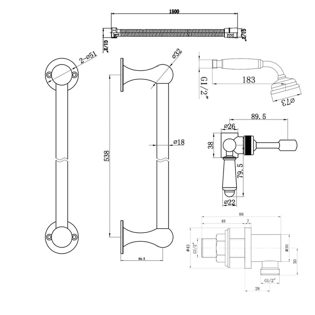 Regent Traditional Crosshead And White Lever Concealed Thermostatic Shower Set Incl. Twin Valve, Wall Fixed 8" Shower Head, Slider Rail Kit - Antique Brass (2 Outlet)