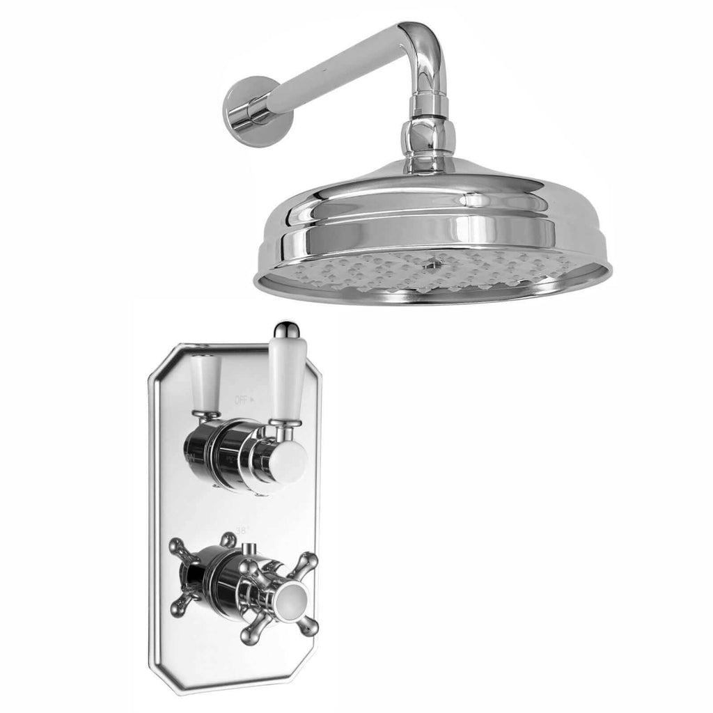 Regent Traditional Crosshead And White Lever Concealed Thermostatic Shower Set Wall Fixed 8" Shower Head - Chrome (1 Outlet)