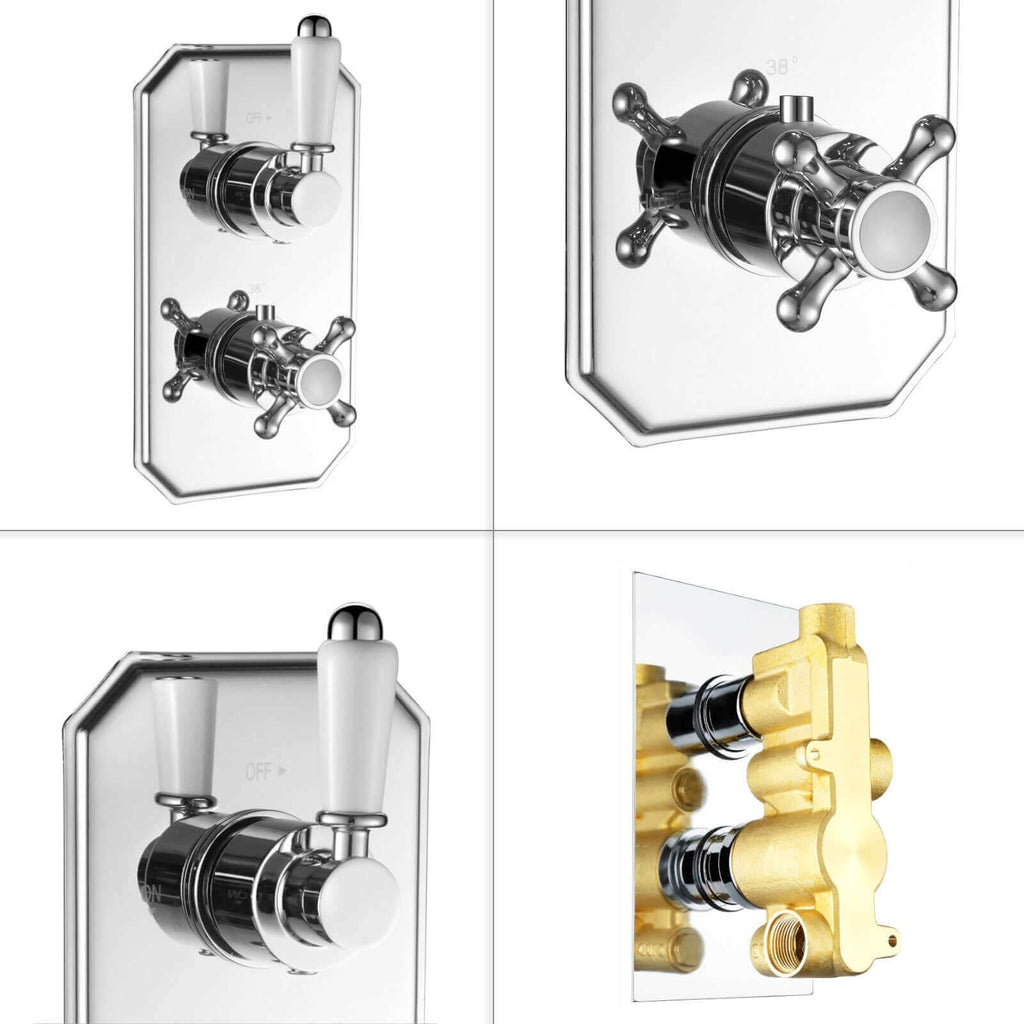 Regent Traditional Crosshead And White Lever Concealed Thermostatic Shower Set Wall Fixed 8" Shower Head - Chrome (1 Outlet)