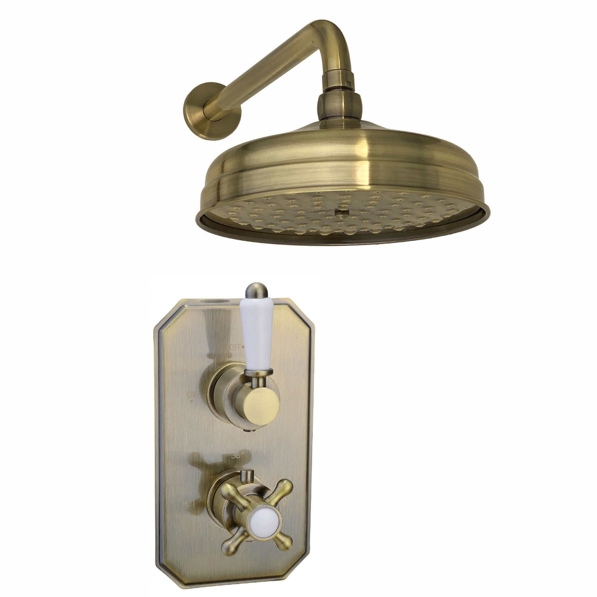 Regent Traditional Crosshead And White Lever Concealed Thermostatic Shower Set Wall Fixed 8" Shower Head - Antique Brass (1 Outlet)