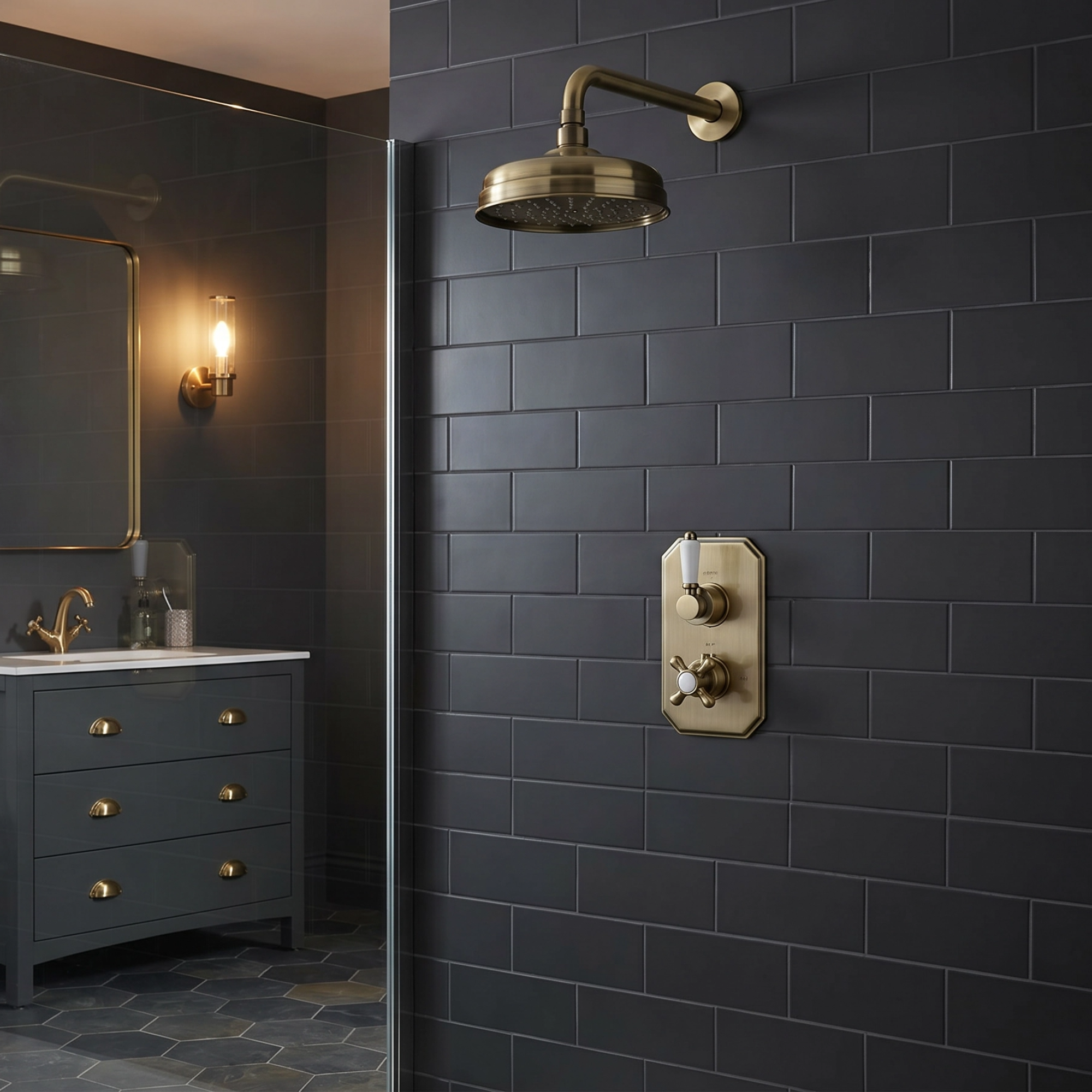 Regent Traditional Crosshead And White Lever Concealed Thermostatic Shower Set Wall Fixed 8" Shower Head - Antique Brass (1 Outlet)