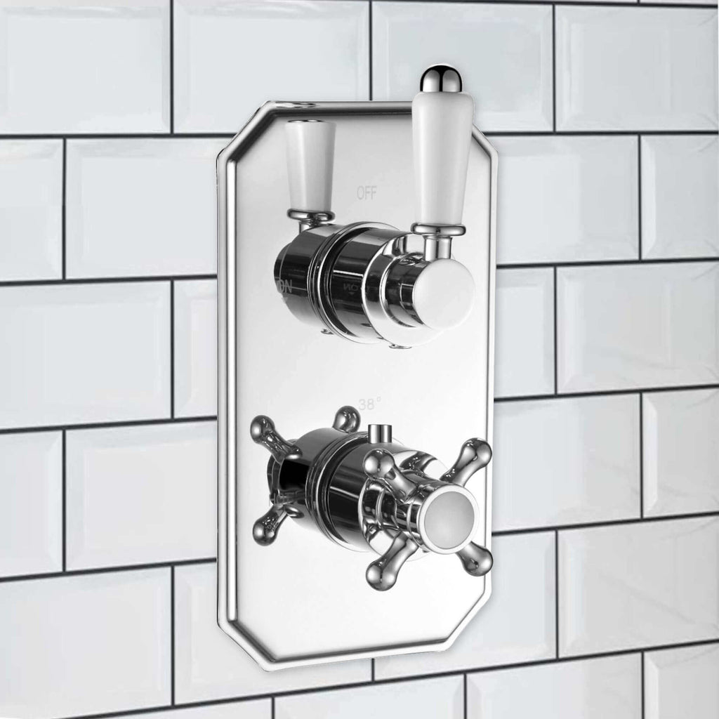 Regent Traditional Crosshead And White Lever Concealed Thermostatic Shower Set Incl. Twin Valve, Wall Fixed 8" Shower Head, Handshower Kit - Chrome (2 Outlet)