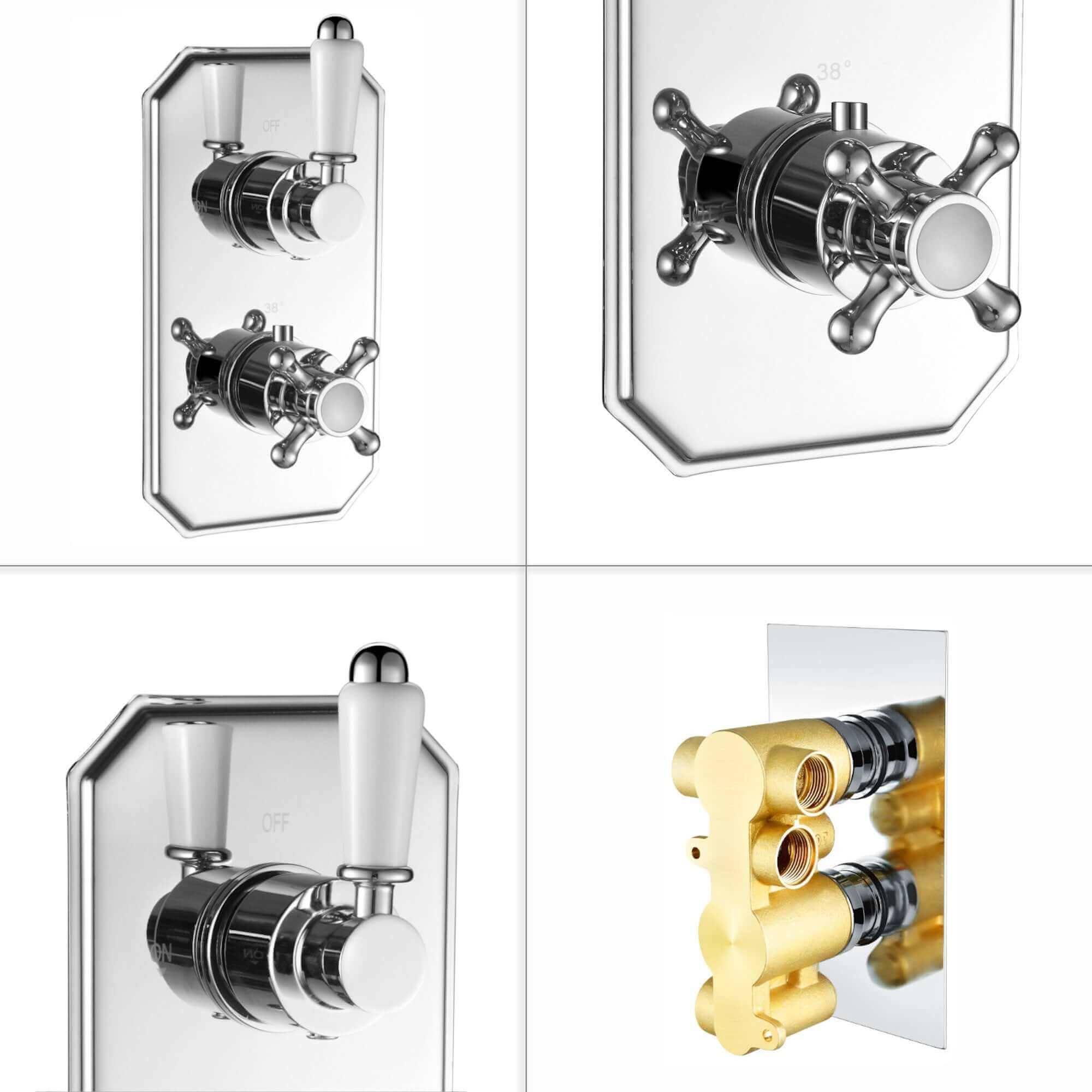 Regent Traditional Crosshead And White Lever Concealed Thermostatic Shower Set Incl. Twin Valve, Wall Fixed 8" Shower Head, Handshower Kit - Chrome (2 Outlet)