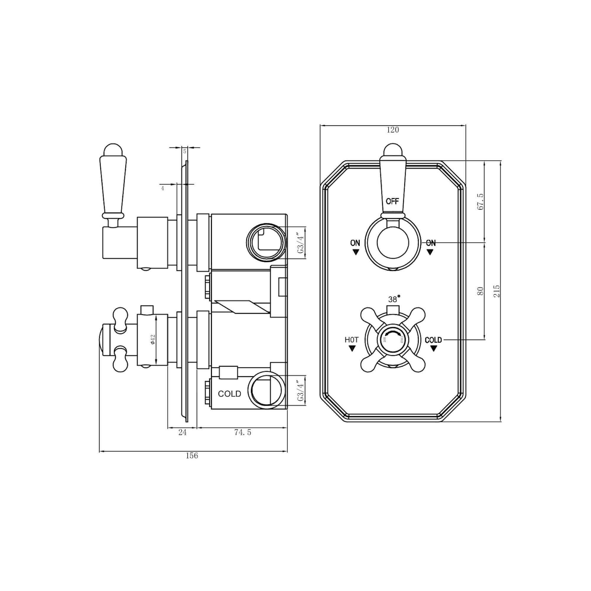 Regent Traditional Crosshead And White Lever Concealed Thermostatic Shower Set Incl. Twin Valve, Wall Fixed 8" Shower Head, Handshower Kit - Chrome (2 Outlet)