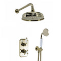 Regent Traditional Crosshead And White Lever Concealed Thermostatic Shower Set Incl. Twin Valve, Wall Fixed 8" Shower Head, Handshower Kit - Gold (2 Outlet)