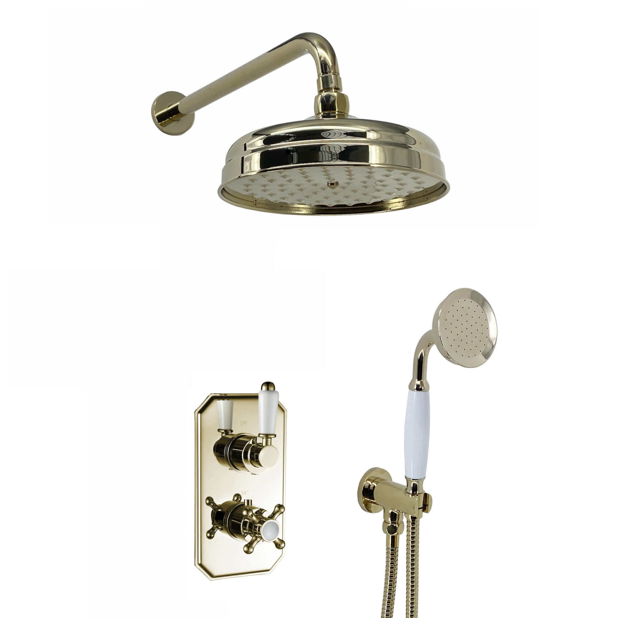 Regent Traditional Crosshead And White Lever Concealed Thermostatic Shower Set Incl. Twin Valve, Wall Fixed 8" Shower Head, Handshower Kit - Gold (2 Outlet)