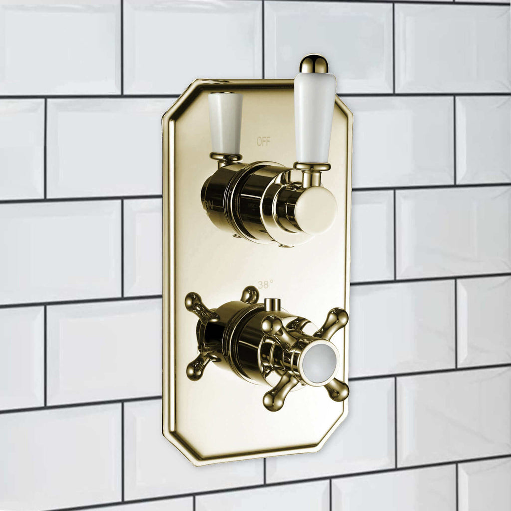 Regent Traditional Crosshead And White Lever Concealed Thermostatic Shower Set Incl. Twin Valve, Wall Fixed 8" Shower Head, Handshower Kit - Gold (2 Outlet)