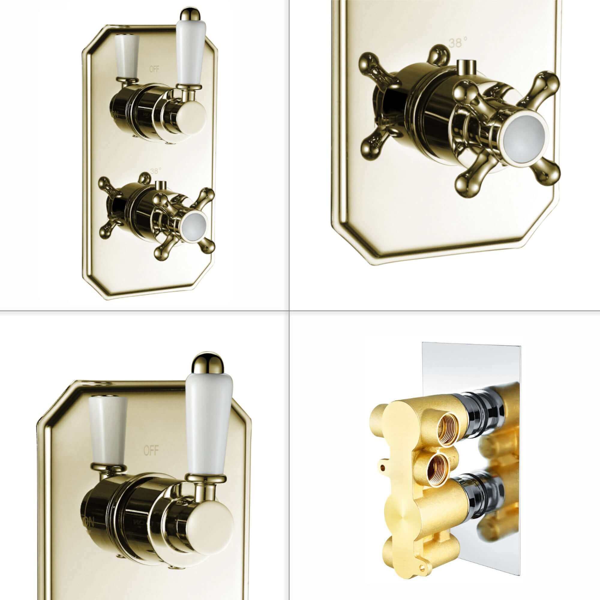 Regent Traditional Crosshead And White Lever Concealed Thermostatic Shower Set Incl. Twin Valve, Wall Fixed 8" Shower Head, Handshower Kit - Gold (2 Outlet)