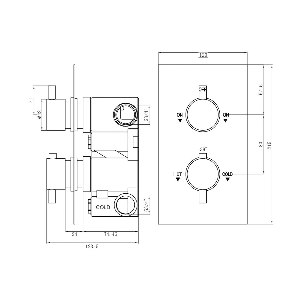 Naples Square Concealed Thermostatic Shower Set Incl. Twin Valve, Wall Fixed 8" Shower Head, Handset Kit - Matt Black (2 Outlet)