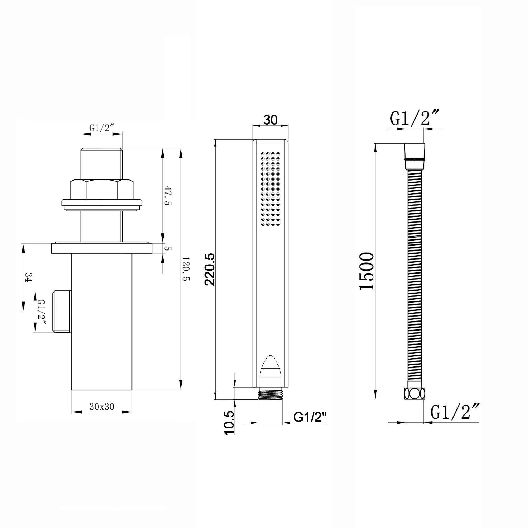 Naples Square Concealed Thermostatic Shower Set Incl. Twin Valve, Wall Fixed 8" Shower Head, Handset Kit - Matt Black (2 Outlet)
