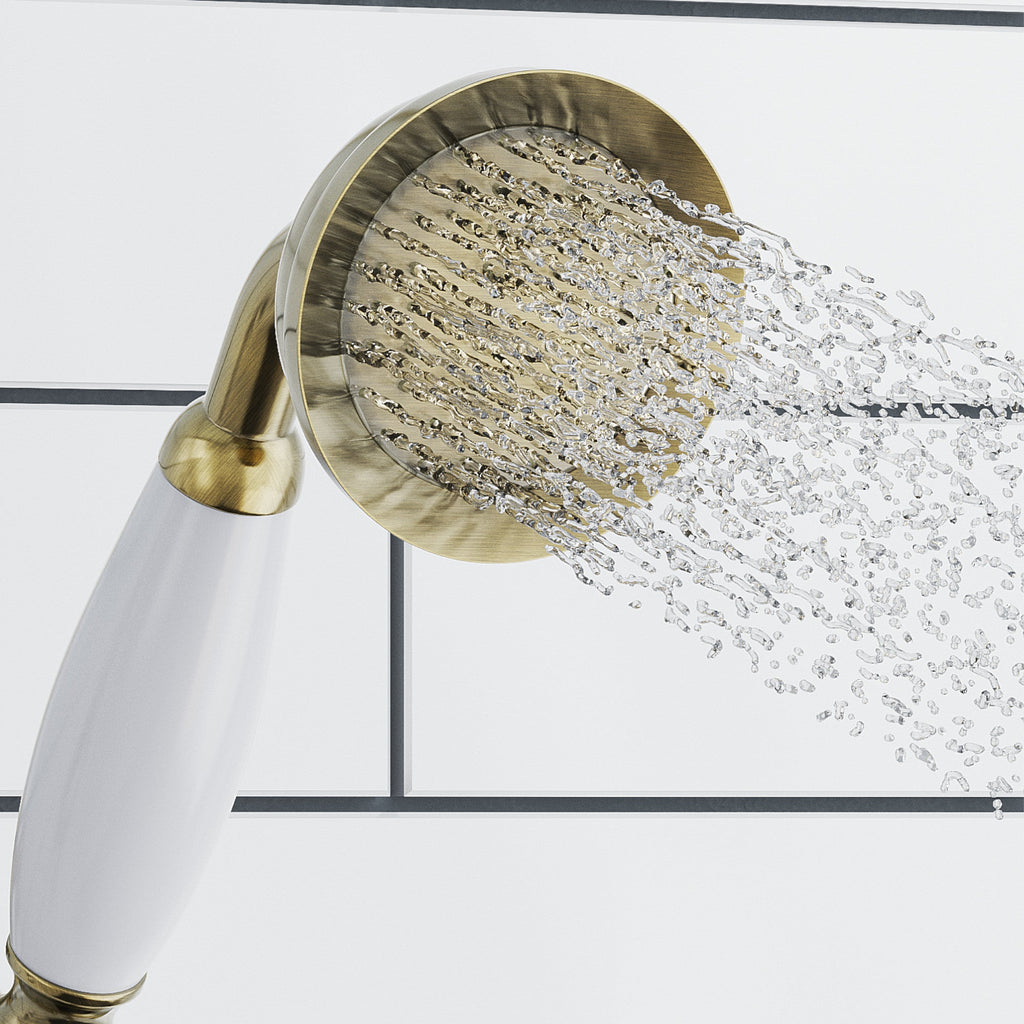 Regent Traditional Crosshead And White Lever Concealed Thermostatic Shower Set Incl. Triple Diverter Valve, Wall Fixed 8" Shower Head, Handshower Kit, Bath Filler Waste with Overflow - Antique Brass (3 Outlet)
