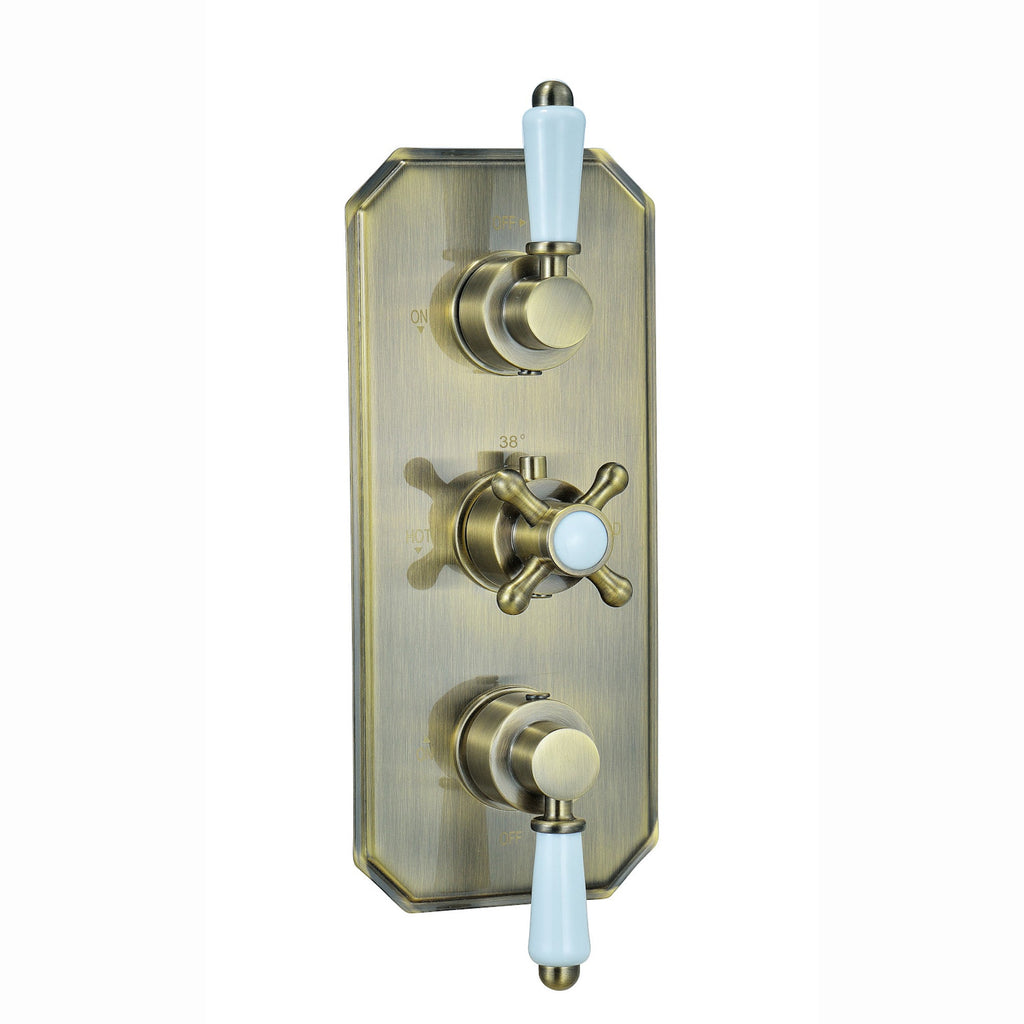Regent Traditional Crosshead And White Lever Concealed Thermostatic Shower Set Incl. Triple Diverter Valve, Wall Fixed 8" Shower Head, Handshower Kit, Bath Filler Waste with Overflow - Antique Brass (3 Outlet)