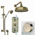 Regent Traditional Crosshead And White Lever Concealed Thermostatic Shower Set Incl. Triple Diverter Valve, Wall Fixed 8" Shower Head, Slider Rail Kit, Bath Filler Waste with Overflow - Antique Brass (3 Outlet)