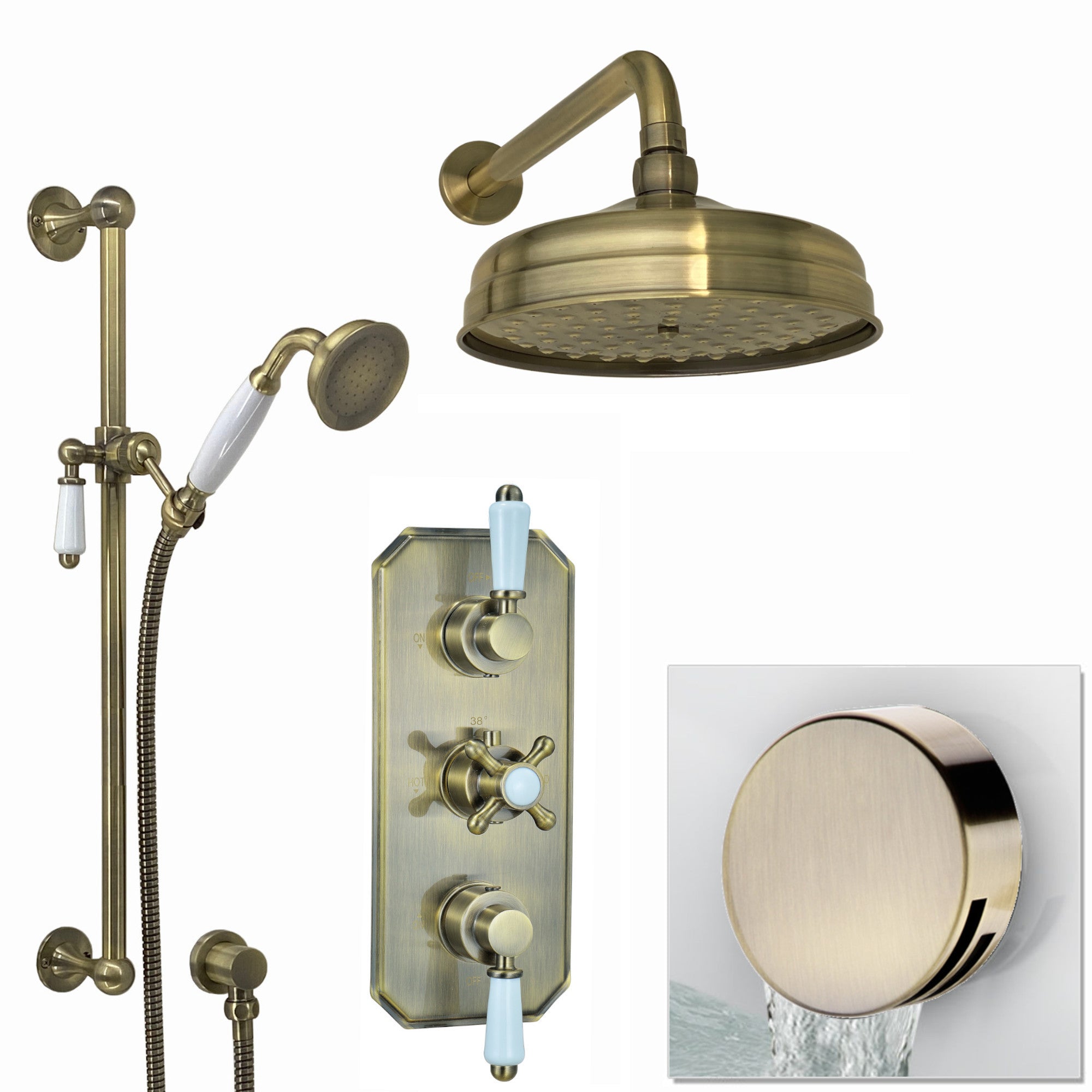 Regent Traditional Crosshead And White Lever Concealed Thermostatic Shower Set Incl. Triple Diverter Valve, Wall Fixed 8" Shower Head, Slider Rail Kit, Bath Filler Waste with Overflow - Antique Brass (3 Outlet)