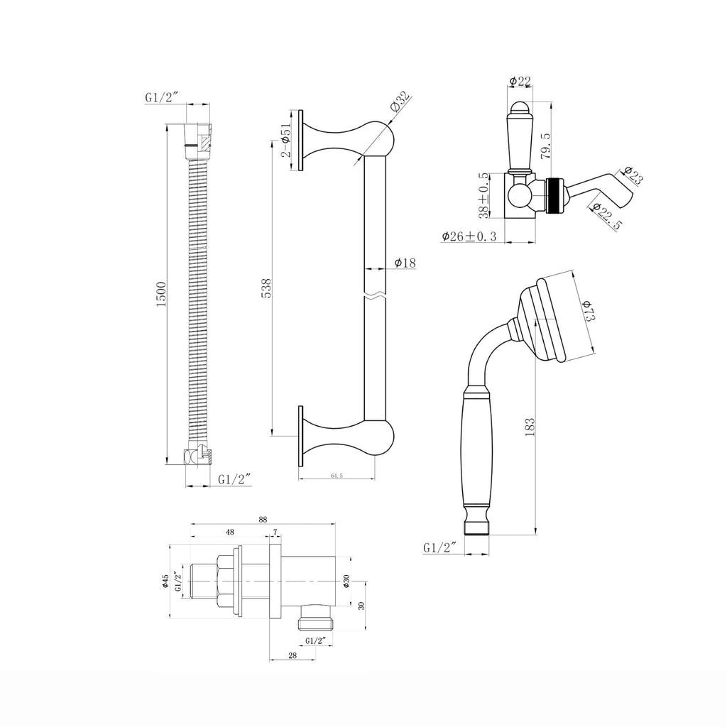 Regent Traditional Crosshead And White Lever Concealed Thermostatic Shower Set Incl. Triple Diverter Valve, Wall Fixed 8" Shower Head, Slider Rail Kit, Bath Filler Waste with Overflow - Antique Brass (3 Outlet)