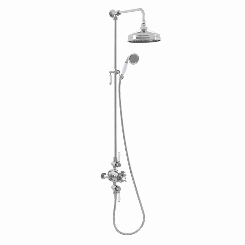 Downton Exposed Traditional Thermostatic Shower Set 2 Outlet, Incl. Triple Shower Valve, Rigid Riser Rail, 200mm Shower Head & Ceramic Handset - Chrome
