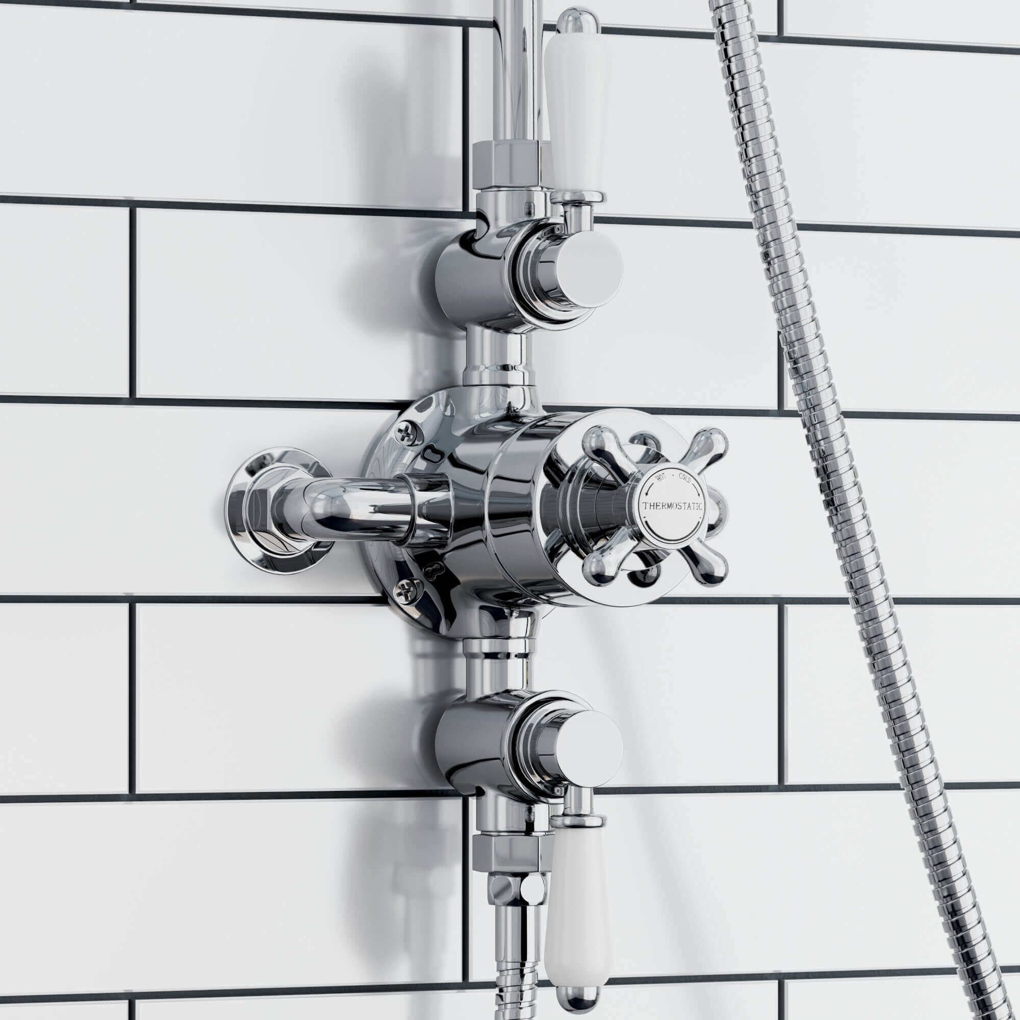 Downton Exposed Traditional Thermostatic Shower Set 2 Outlet, Incl. Triple Shower Valve, Rigid Riser Rail, 200mm Shower Head & Ceramic Handset - Chrome