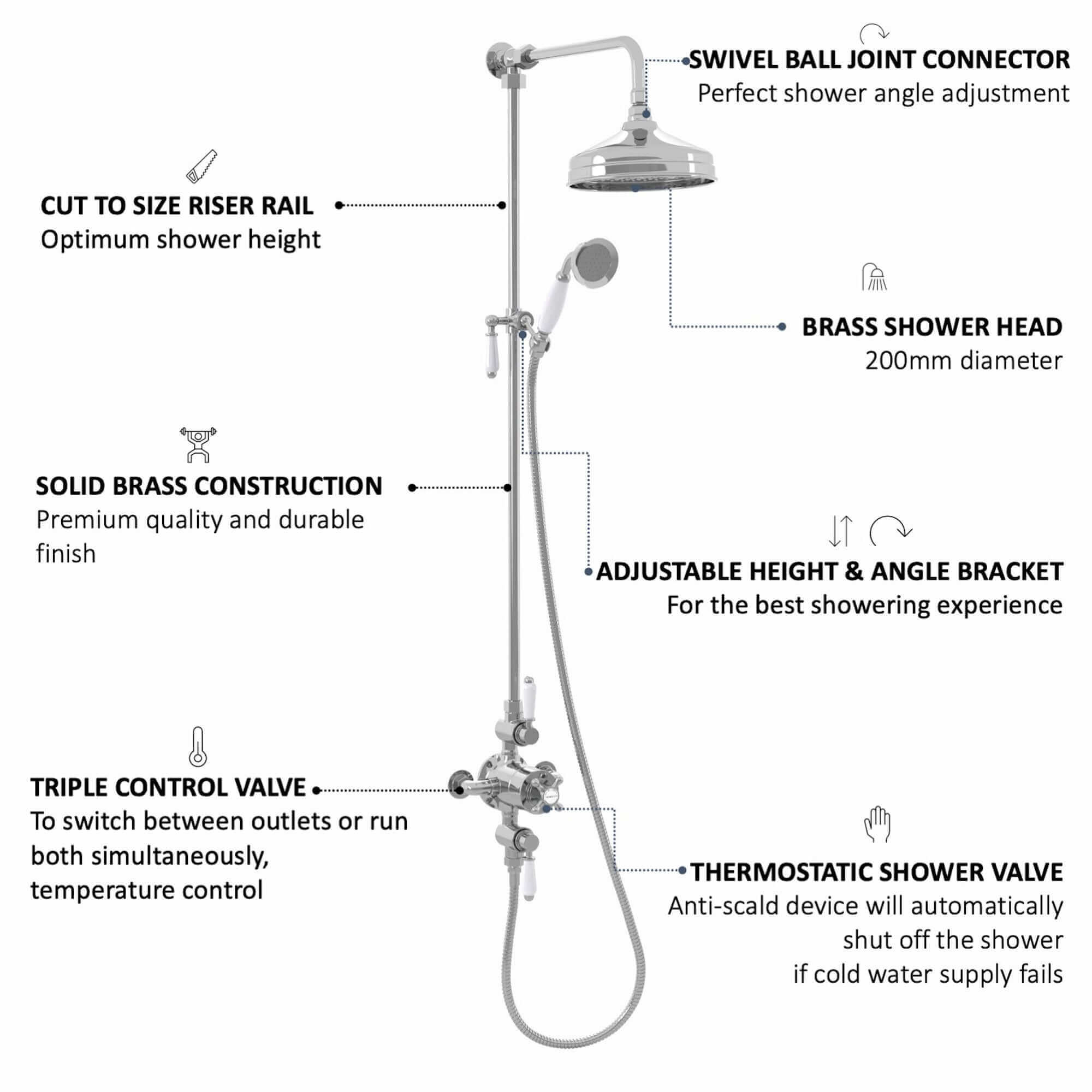 Downton Exposed Traditional Thermostatic Shower Set 2 Outlet, Incl. Triple Shower Valve, Rigid Riser Rail, 200mm Shower Head & Ceramic Handset - Chrome