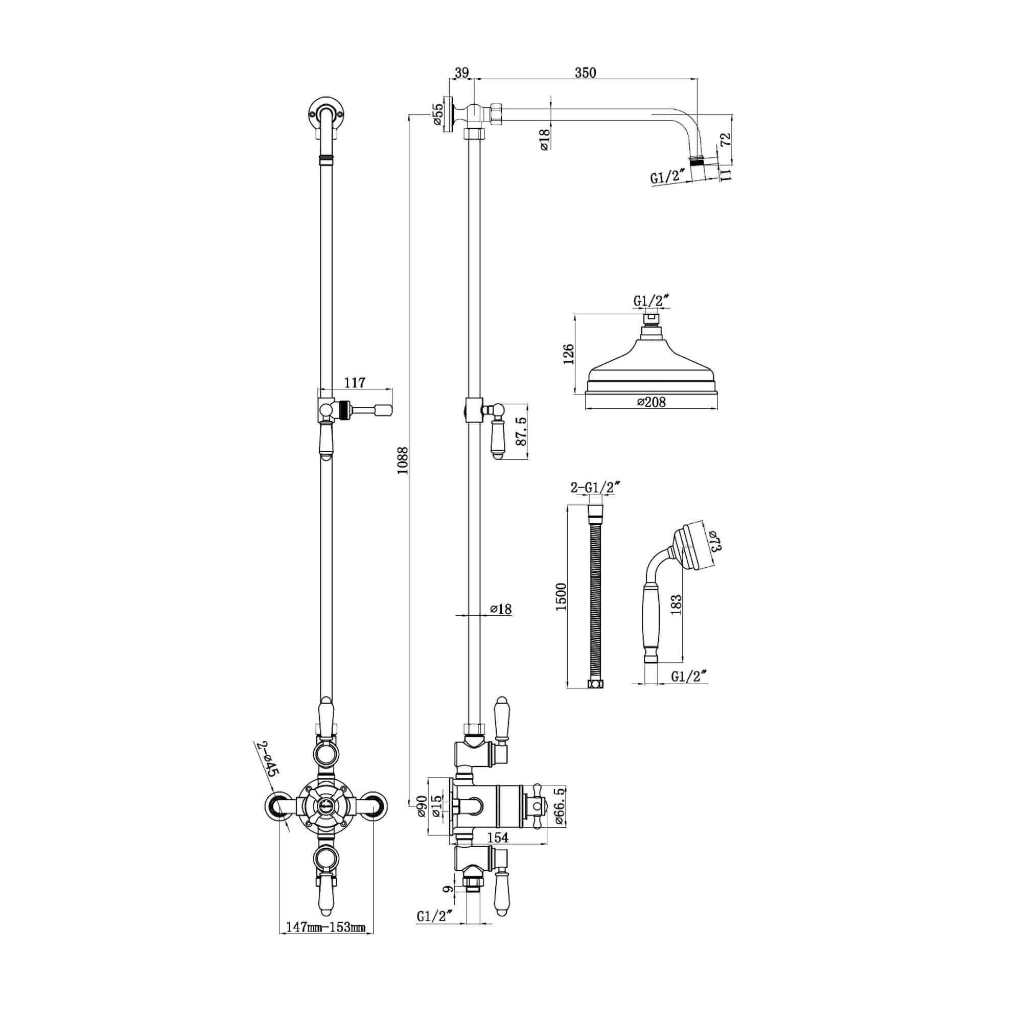 Downton Exposed Traditional Thermostatic Shower Set 2 Outlet, Incl. Triple Shower Valve, Rigid Riser Rail, 200mm Shower Head & Ceramic Handset - Chrome