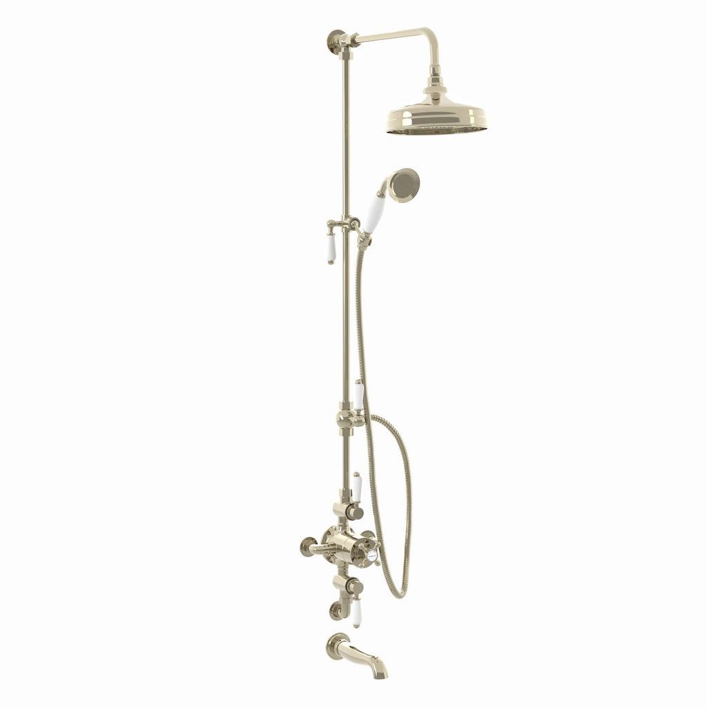 Downton Exposed Traditional Thermostatic Shower Set 3 Outlet, Incl. Triple Shower Valve, Rigid Riser Rail, 200mm Shower Head, Handset & Bath Filler - Gold