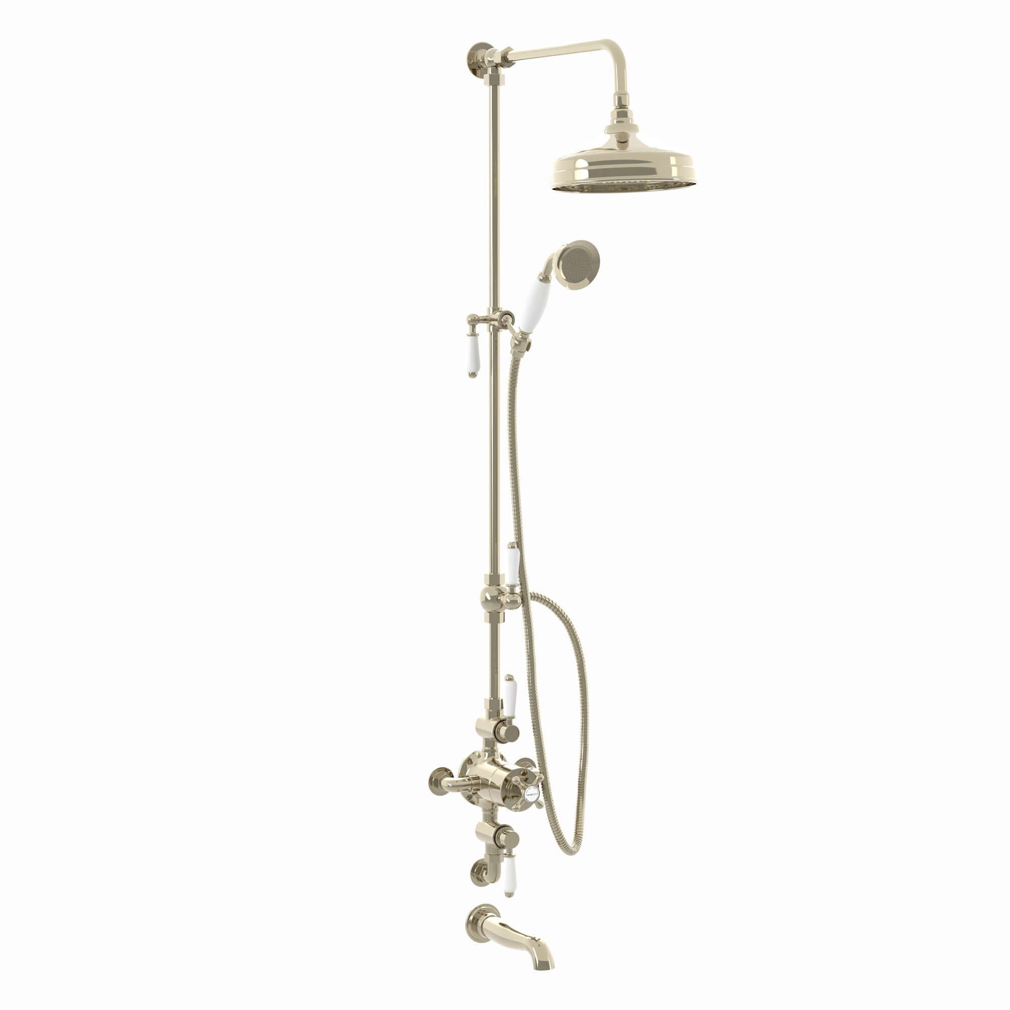Downton Exposed Traditional Thermostatic Shower Set 3 Outlet, Incl. Triple Shower Valve, Rigid Riser Rail, 200mm Shower Head, Handset & Bath Filler - Gold