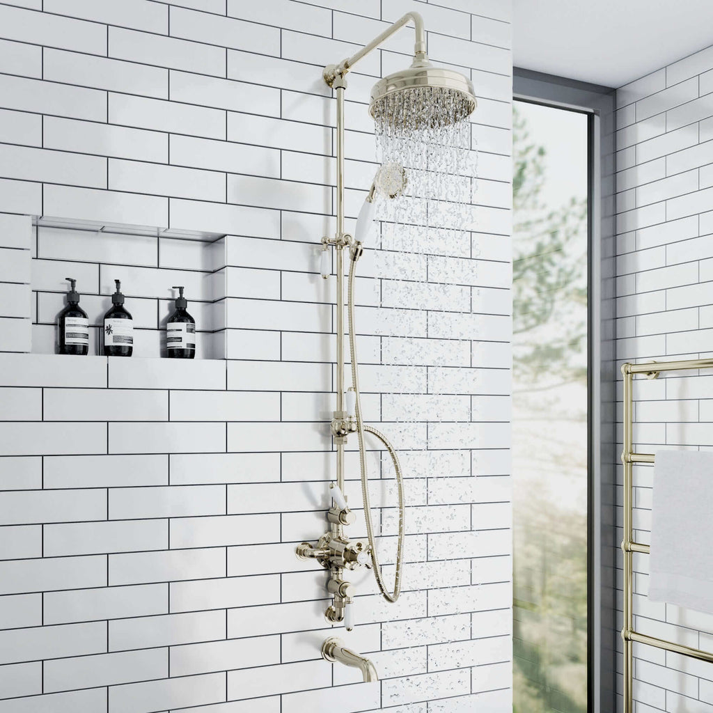 Downton Exposed Traditional Thermostatic Shower Set 3 Outlet, Incl. Triple Shower Valve, Rigid Riser Rail, 200mm Shower Head, Handset & Bath Filler - Gold