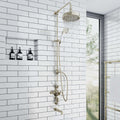 Downton Exposed Traditional Thermostatic Shower Set 3 Outlet, Incl. Triple Shower Valve, Rigid Riser Rail, 200mm Shower Head, Handset & Bath Filler - Gold