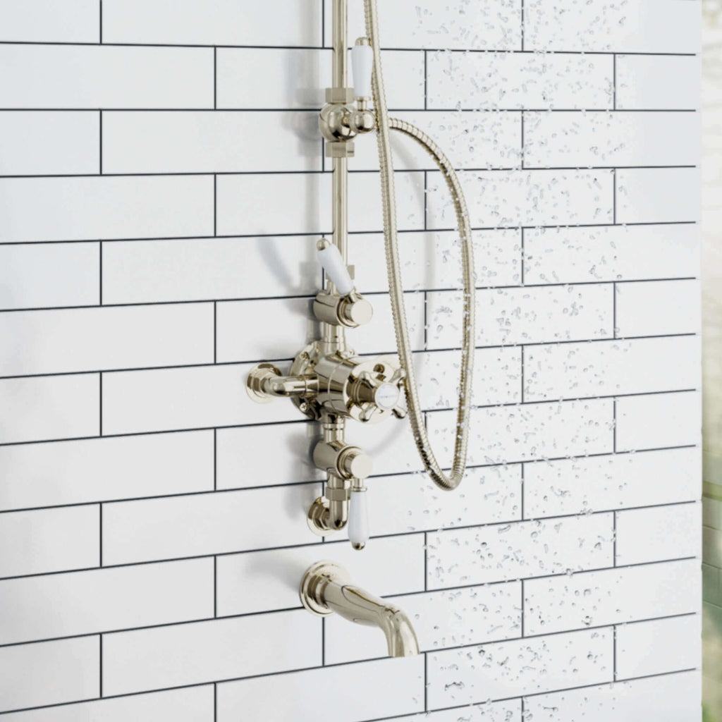 Downton Exposed Traditional Thermostatic Shower Set 3 Outlet, Incl. Triple Shower Valve, Rigid Riser Rail, 200mm Shower Head, Handset & Bath Filler - Gold