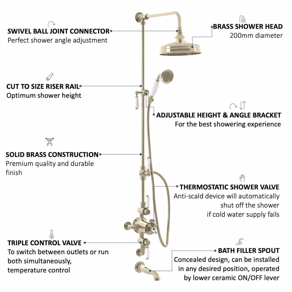 Downton Exposed Traditional Thermostatic Shower Set 3 Outlet, Incl. Triple Shower Valve, Rigid Riser Rail, 200mm Shower Head, Handset & Bath Filler - Gold