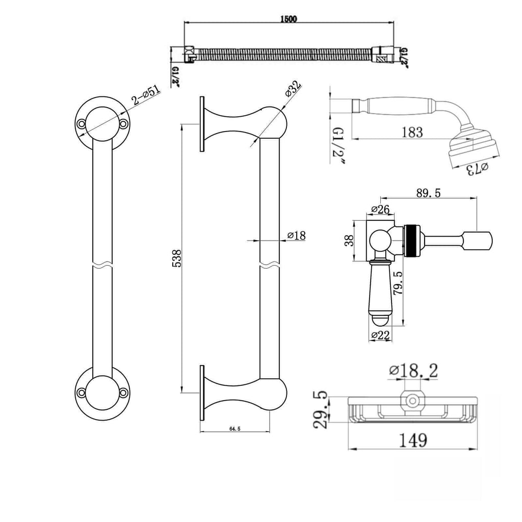 Downton Exposed Traditional Thermostatic Shower Set Incl. Twin Shower Valve And Slider Rail Kit, Soap Holder - Gold
