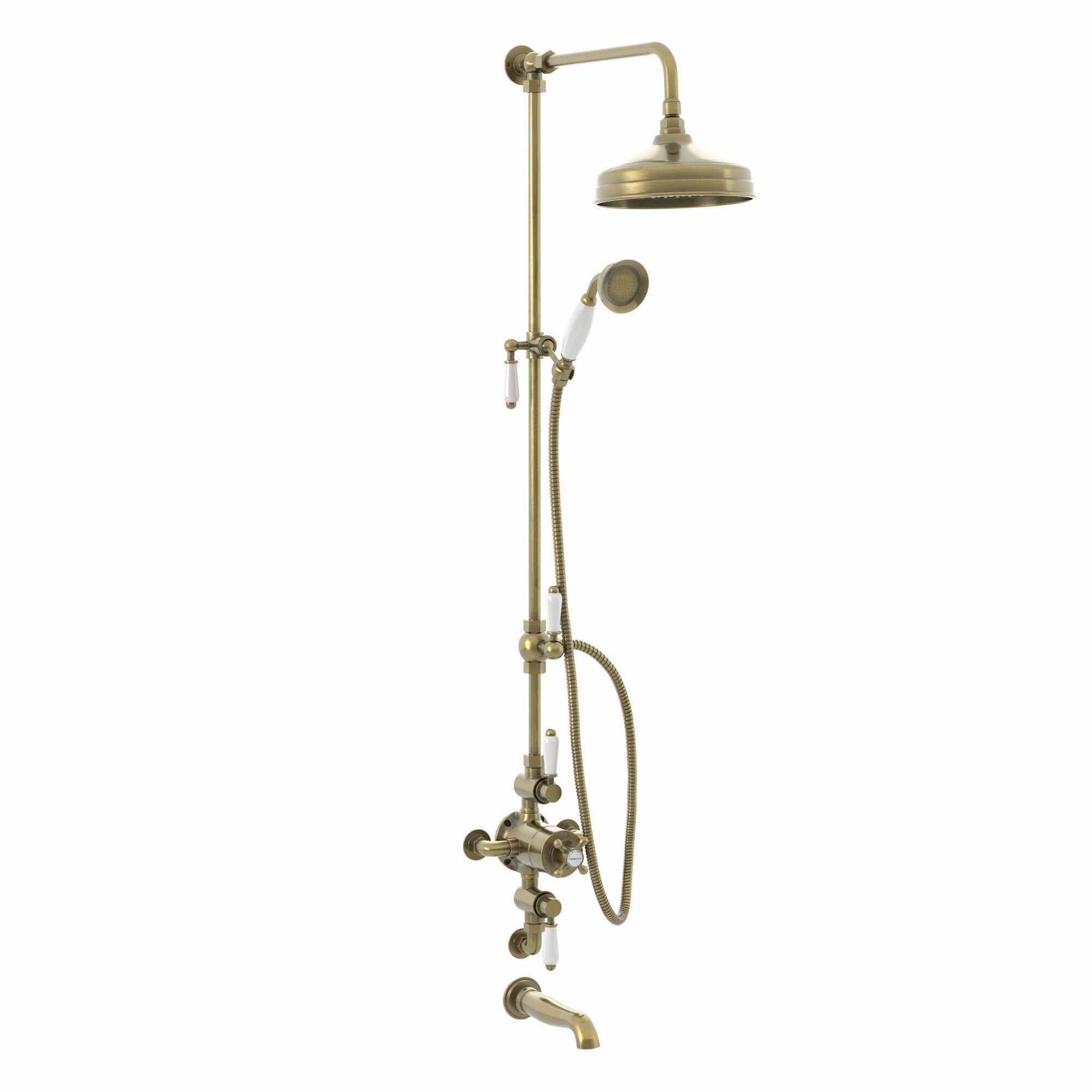 Downton Exposed Traditional Thermostatic Shower Set 3 Outlet, Incl. Triple Shower Valve, Rigid Riser Rail, 200mm Shower Head, Handset & Bath Filler - Antique Brass