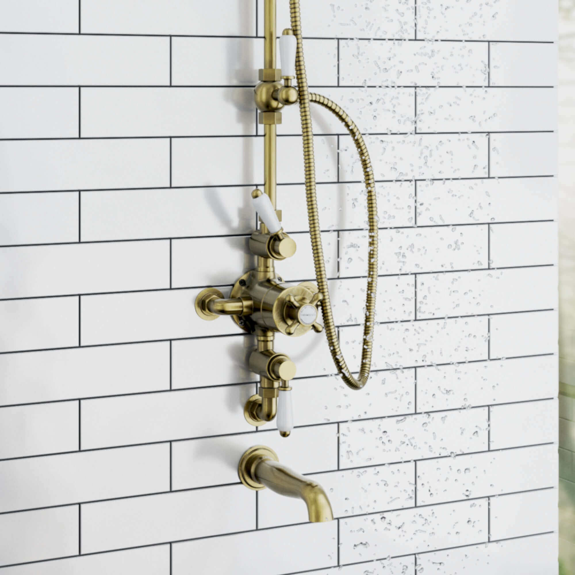 Downton Exposed Traditional Thermostatic Shower Set 3 Outlet, Incl. Triple Shower Valve, Rigid Riser Rail, 200mm Shower Head, Handset & Bath Filler - Antique Brass