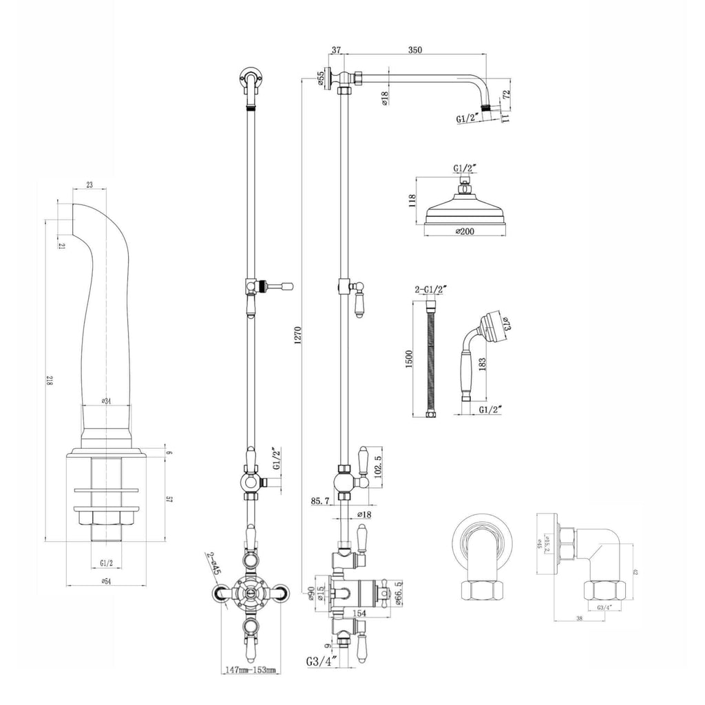 Downton Exposed Traditional Thermostatic Shower Set 3 Outlet, Incl. Triple Shower Valve, Rigid Riser Rail, 200mm Shower Head, Handset & Bath Filler - Antique Brass
