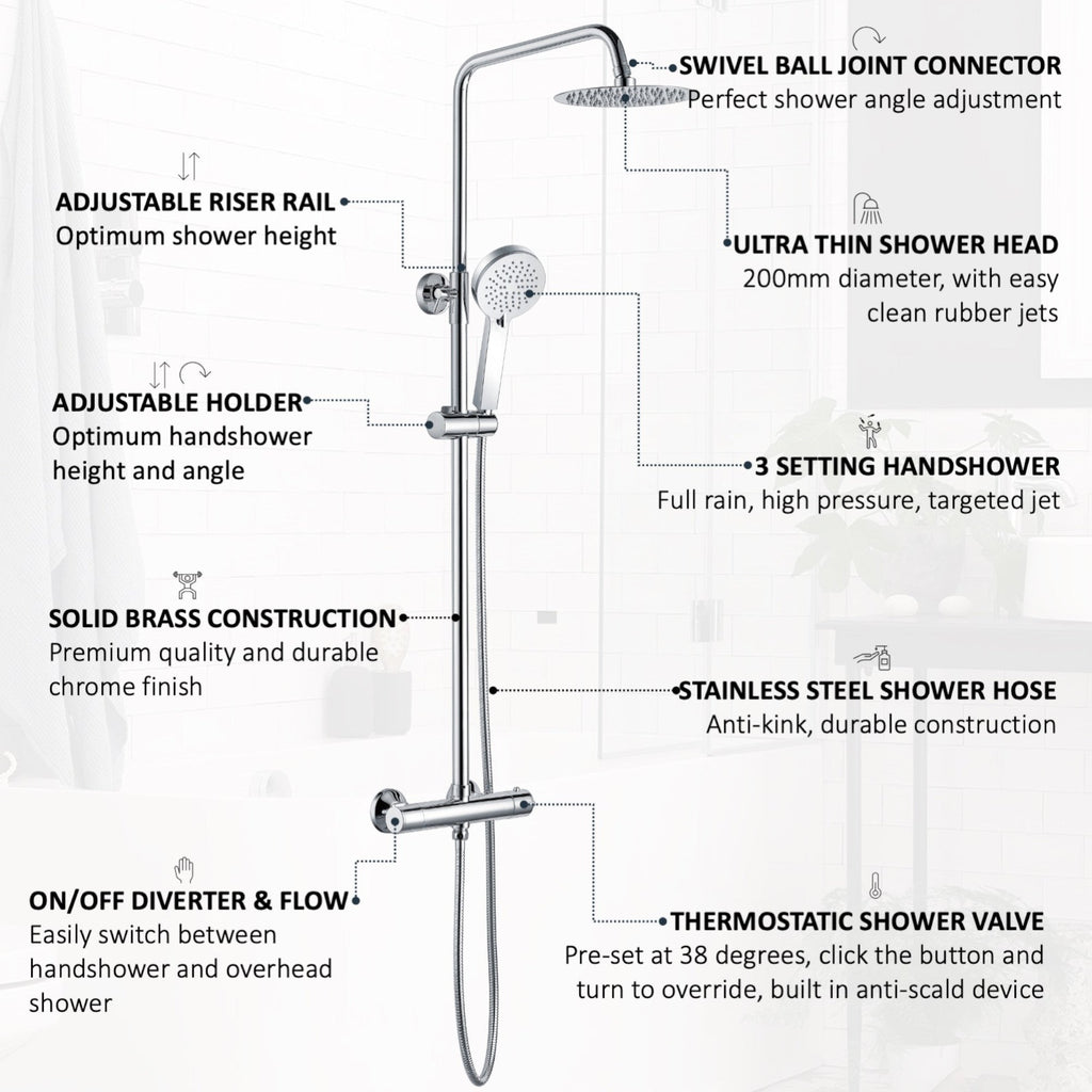 Dune round thermostatic shower set 200mm head & handheld - chrome