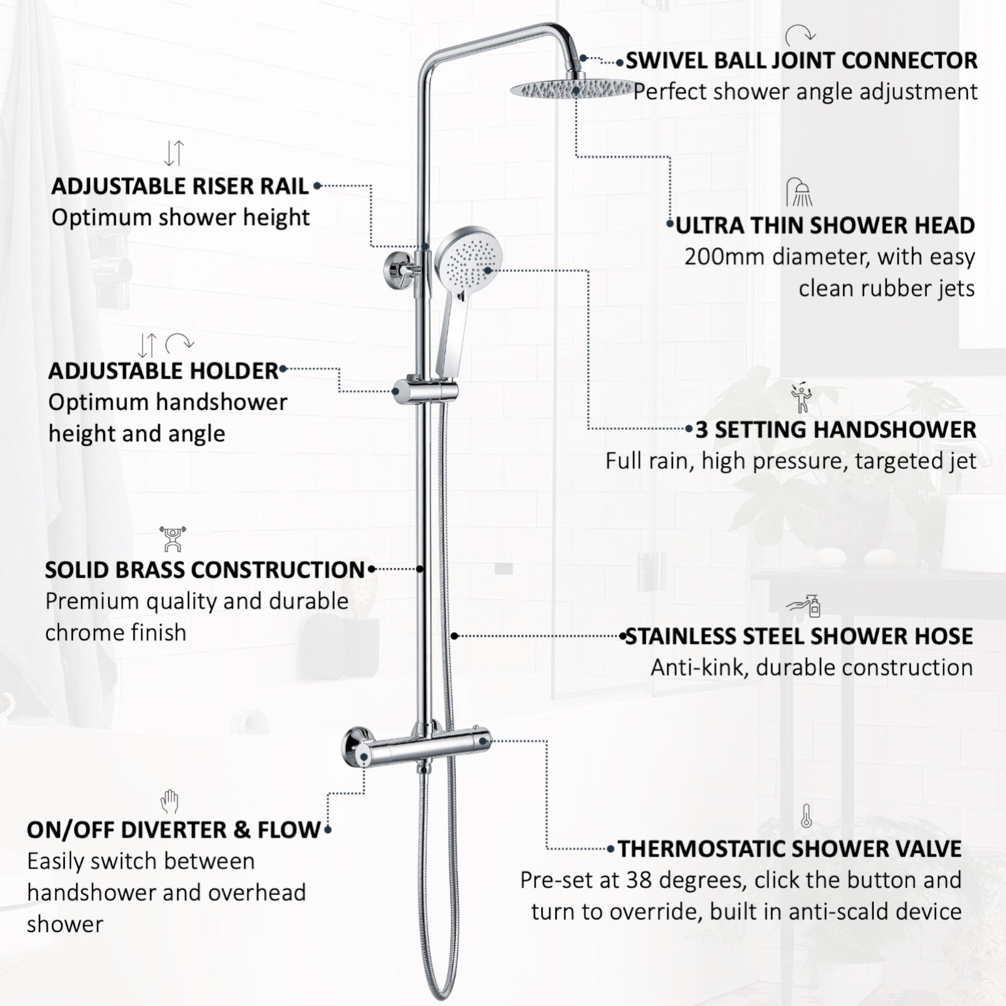 Dune round thermostatic shower set 200mm head & handheld - chrome