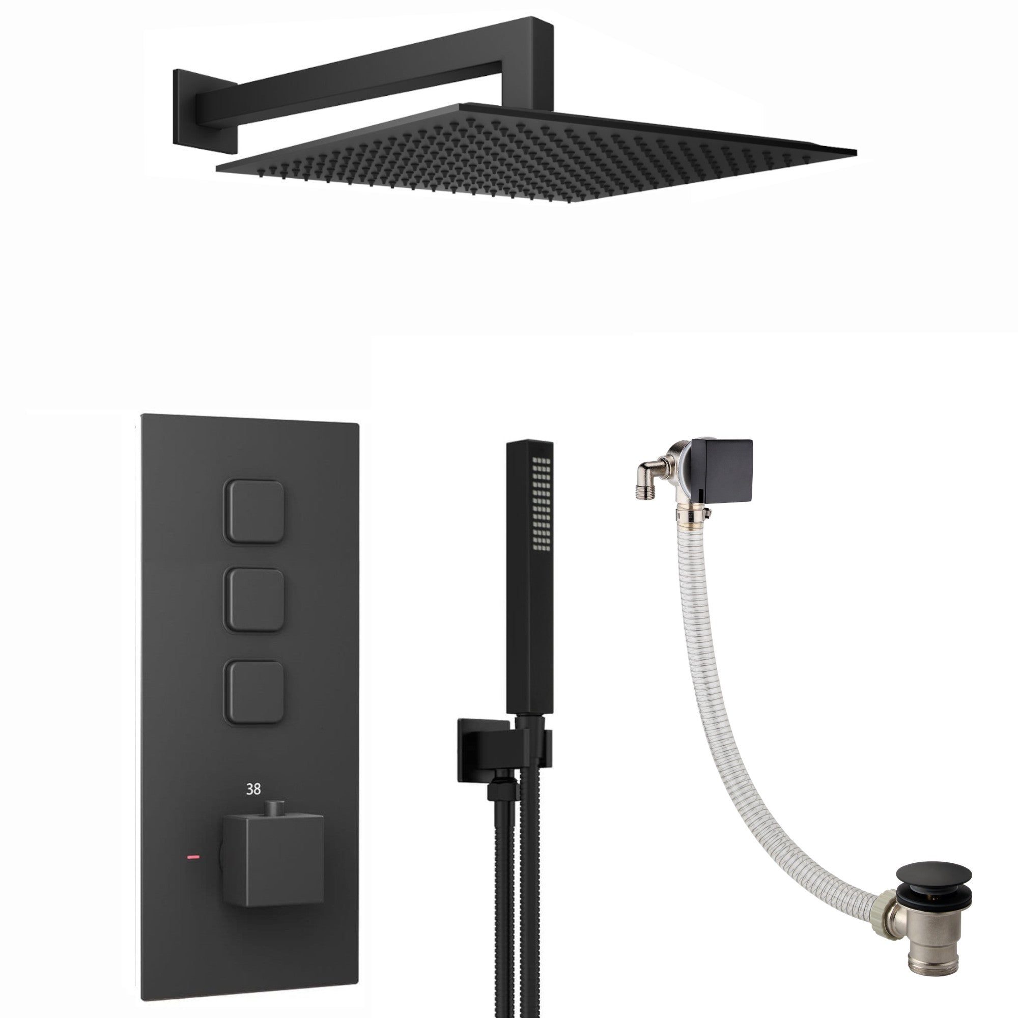 Spello Square Thermostatic Concealed Shower Set with Bath Filler, Wall Overhead Shower, Handset Kit - Black