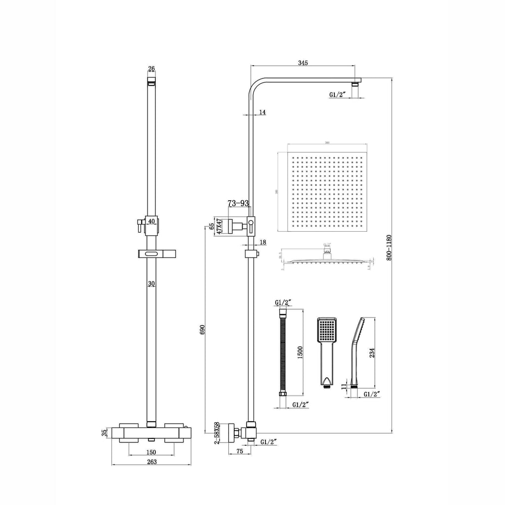 Enzo square thermostatic shower set two outlet with ultra slim 300mm shower head and handheld - matt black