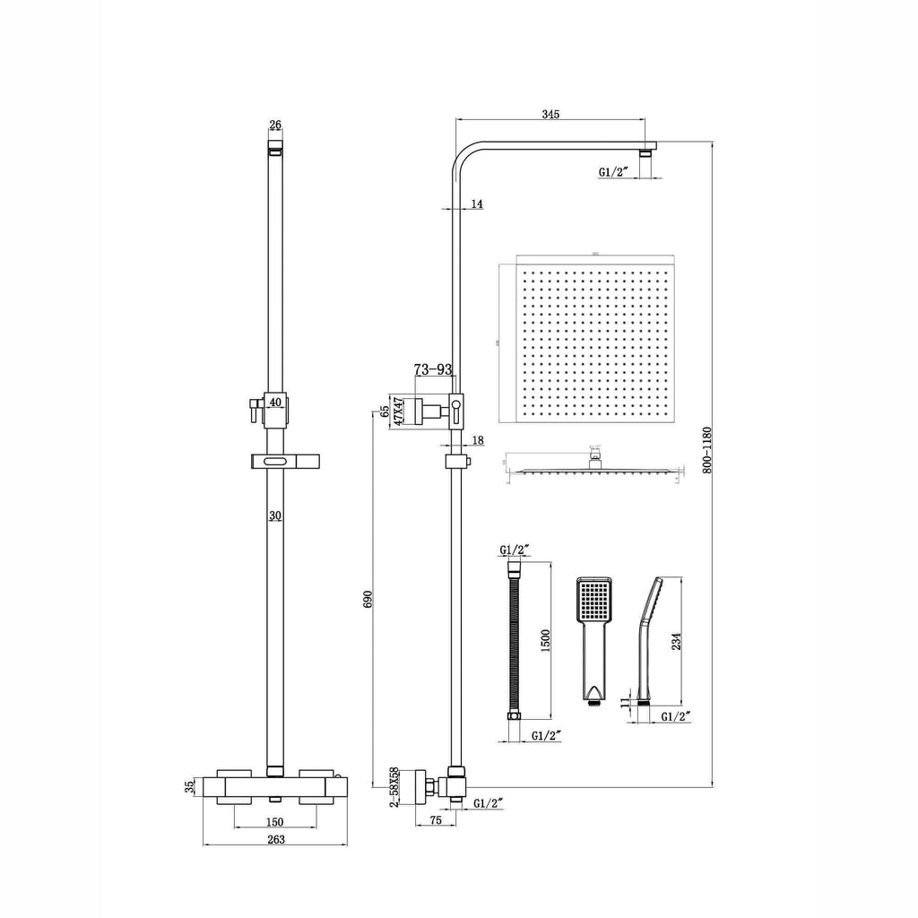 Enzo square thermostatic shower set two outlet with ultra slim 400mm shower head and handheld - matt black