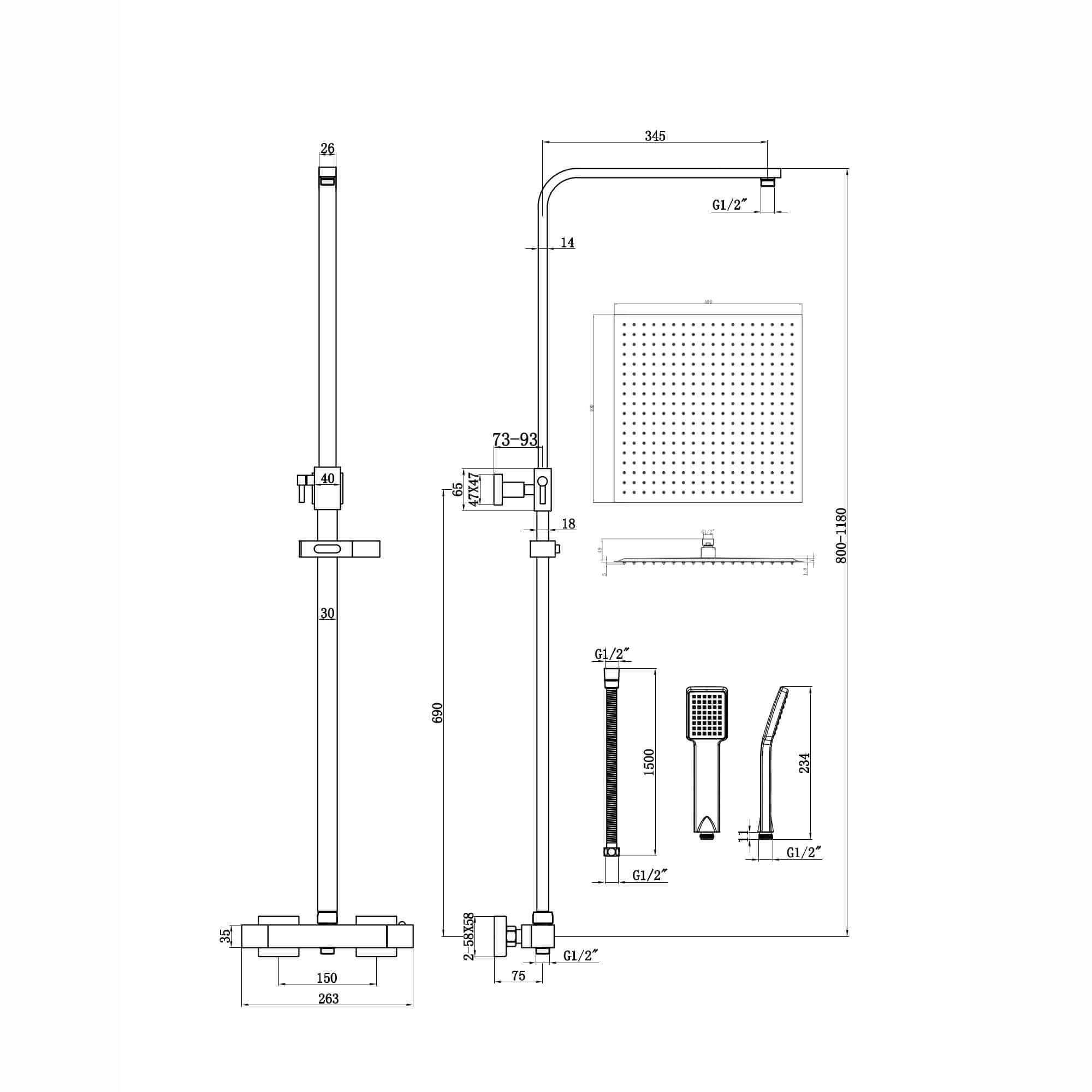 Enzo square thermostatic shower set two outlet with ultra slim 400mm shower head and handheld - matt black