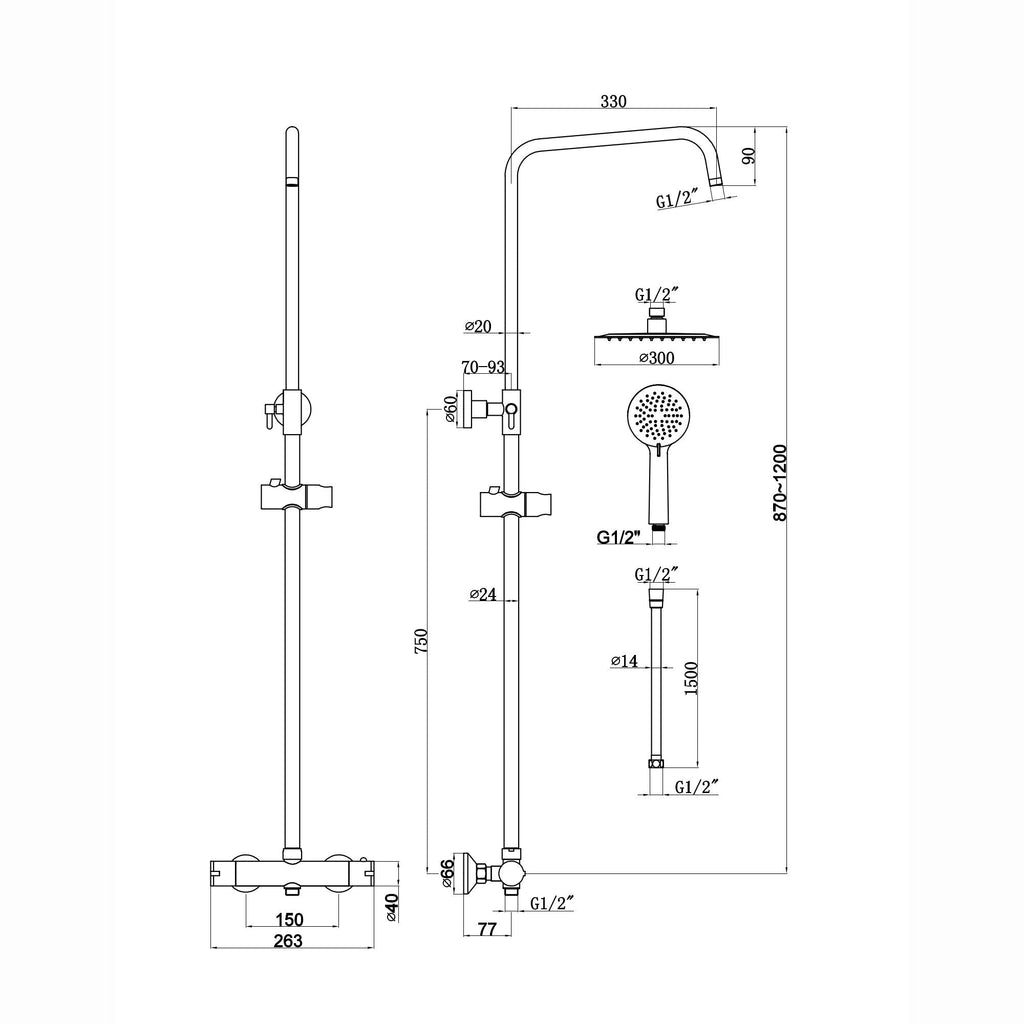 Dune round thermostatic shower set 300mm head & handheld - matt black