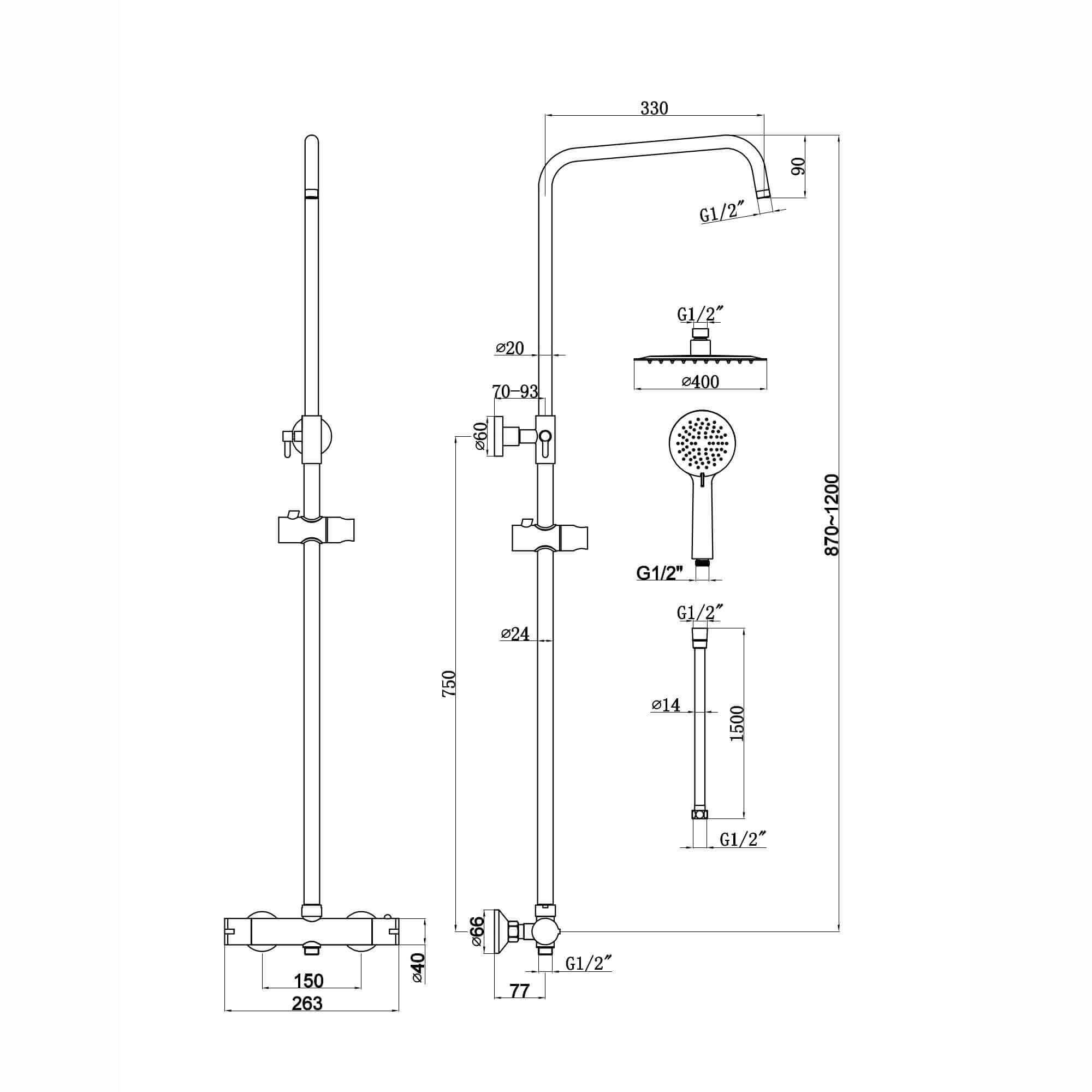 Dune round thermostatic shower set 400mm head & handheld - chrome