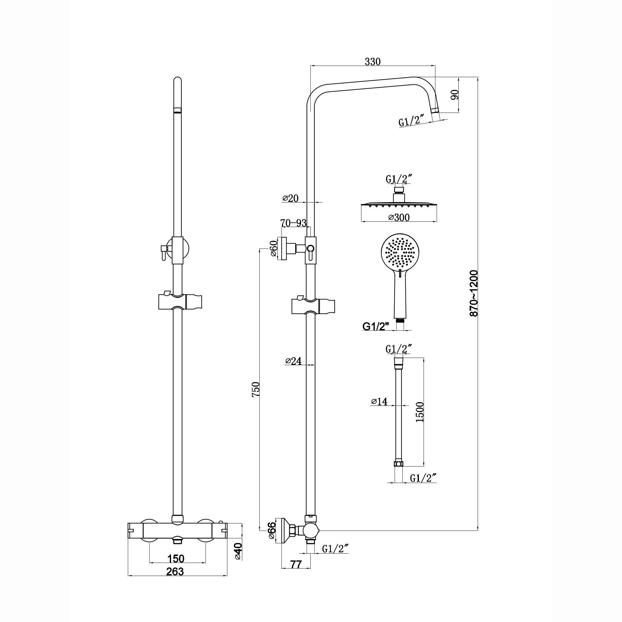 Dune round thermostatic shower set 200mm head & handheld - brushed brass